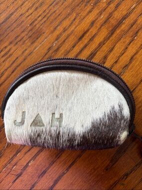 Two-Tone Haircalf Mini Zip Pouch in Brown and White